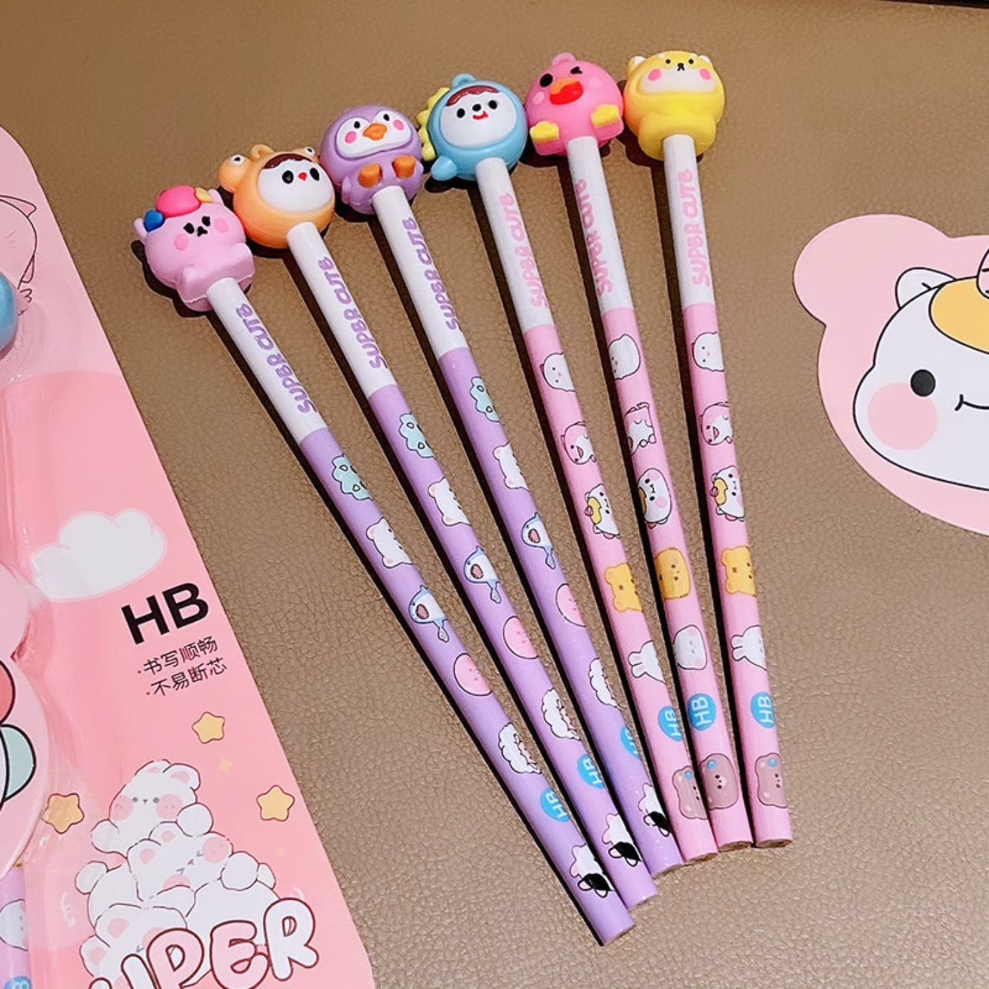 12pc Super Cute HB Pencils with Toy Top Cartoon Erasers for Art Drawing Drafting Sketching Shading Cool Stationery Set For Birthday Return Gift for Kids, PINK. 6 pencil 6 eraser.