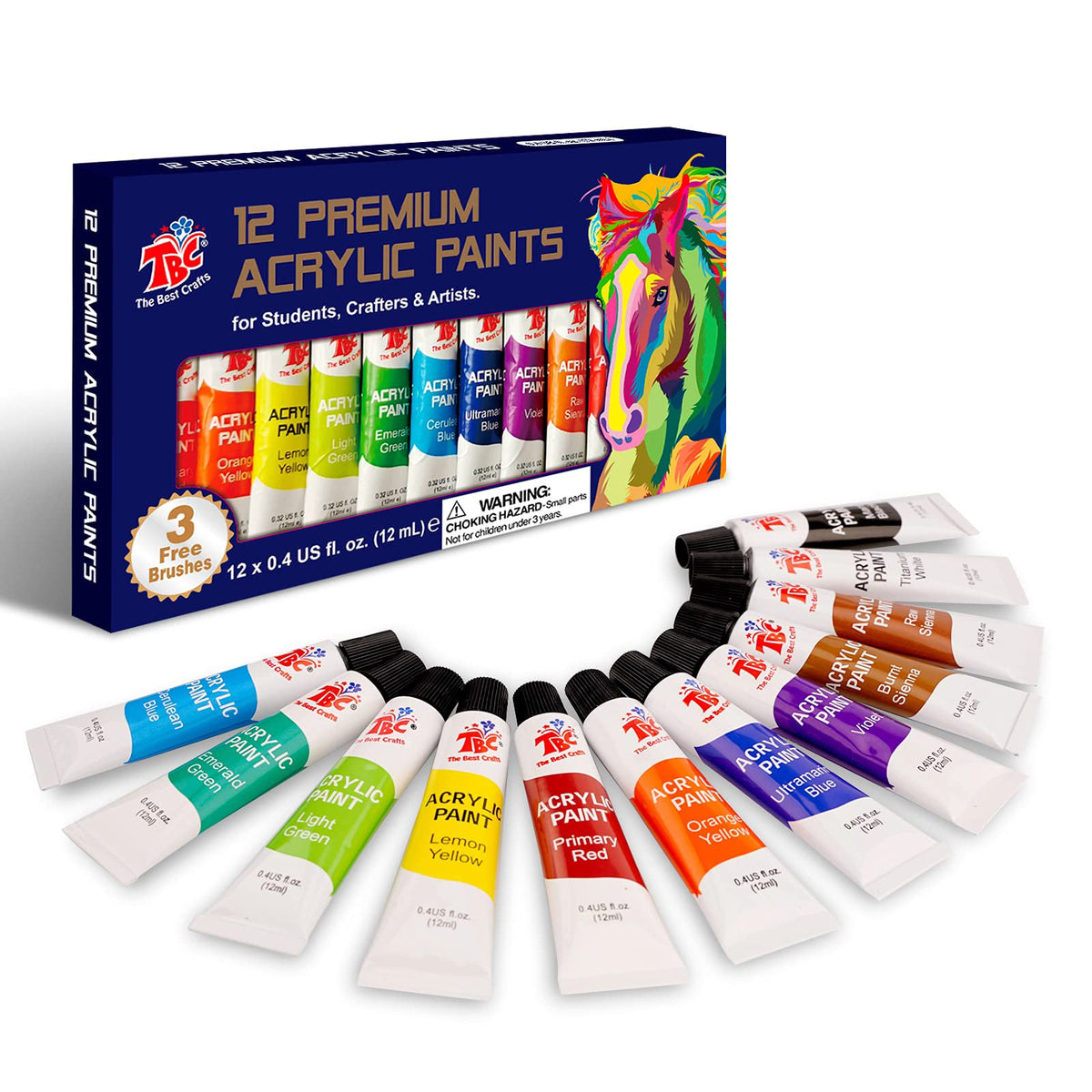 12 Premium Acrylic Paint Set with 3 Free Brushes | 12ml Art Paint Tubes for Students, Artists & DIY Crafts
