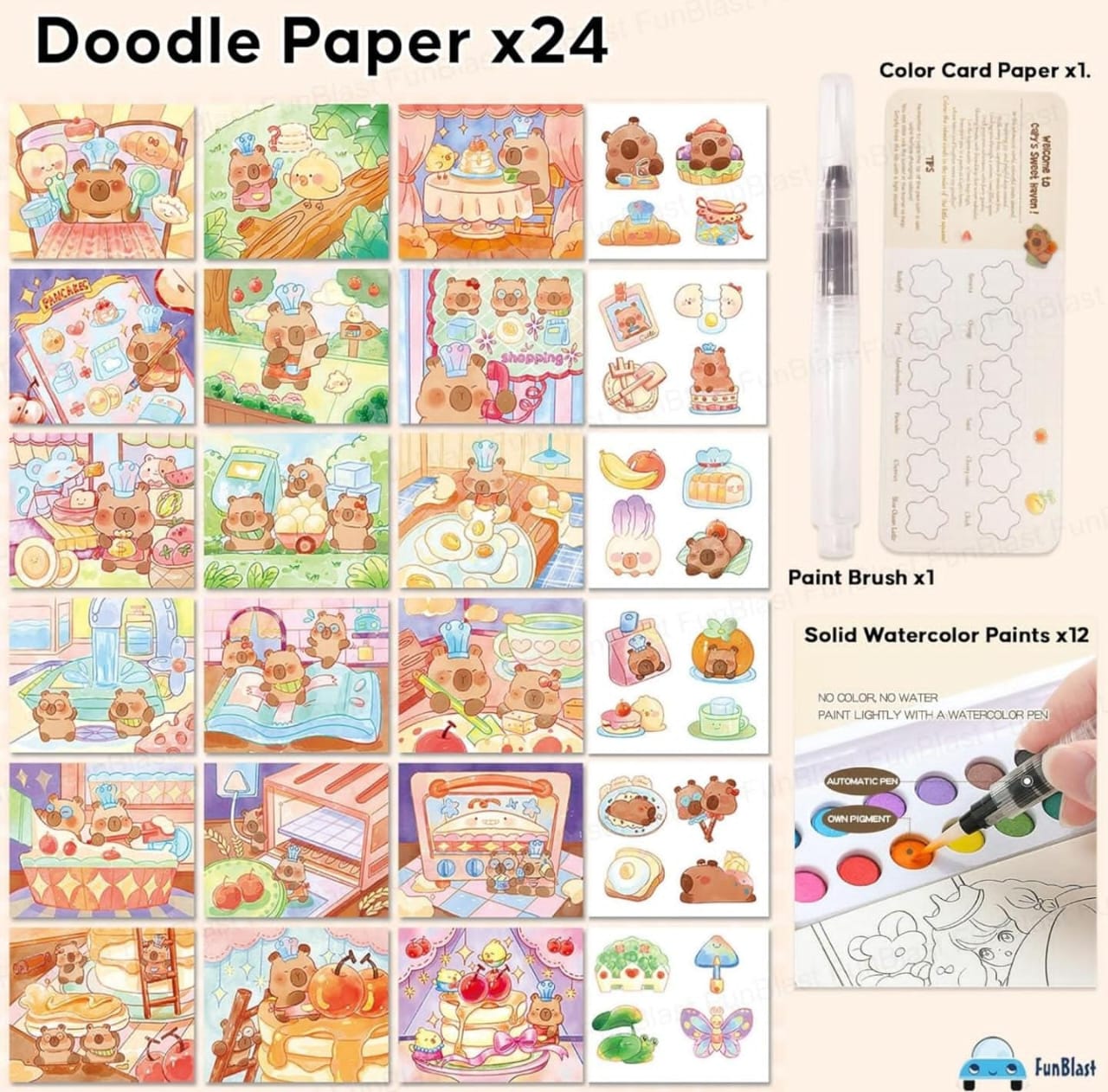 Watercolor Painting Book Set – DIY Graffiti Coloring Note-Book with Watercolor Gouache Brush, Creative Cartoon Coloring Book, Dip Water to Paint Painting Set for Kids(Capybara)