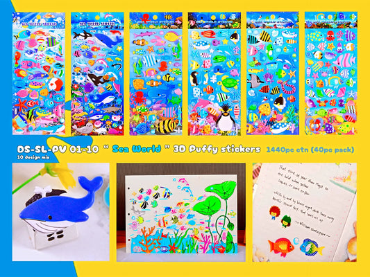 3D Puffy waterproof Sea World stickers can be used on any surface. Reusable kawaii stickers for art and craft mugs mobile cover or journal. Set of 6.