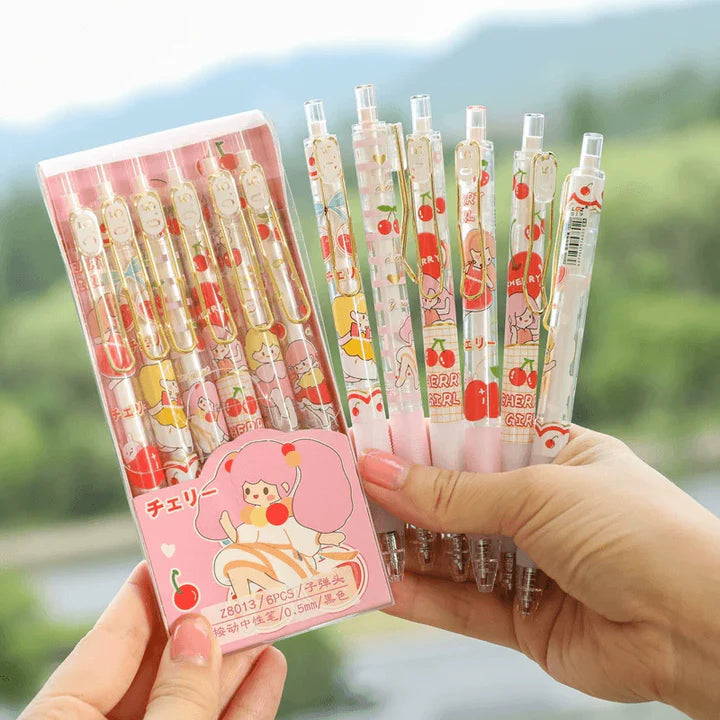 Cherry Girl kawaii gel pen set. 6pc in one box. Blue ink.