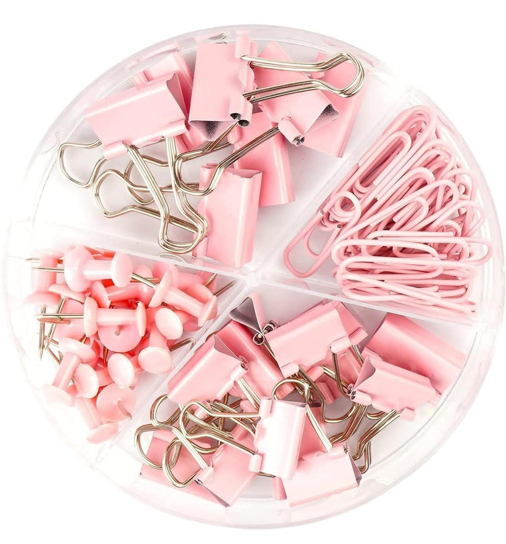 Binder Clips, Push Pins, Paper Clips Combo Set | Large & Small Stationery Kit for Office, School & Home Supplies (Pink)