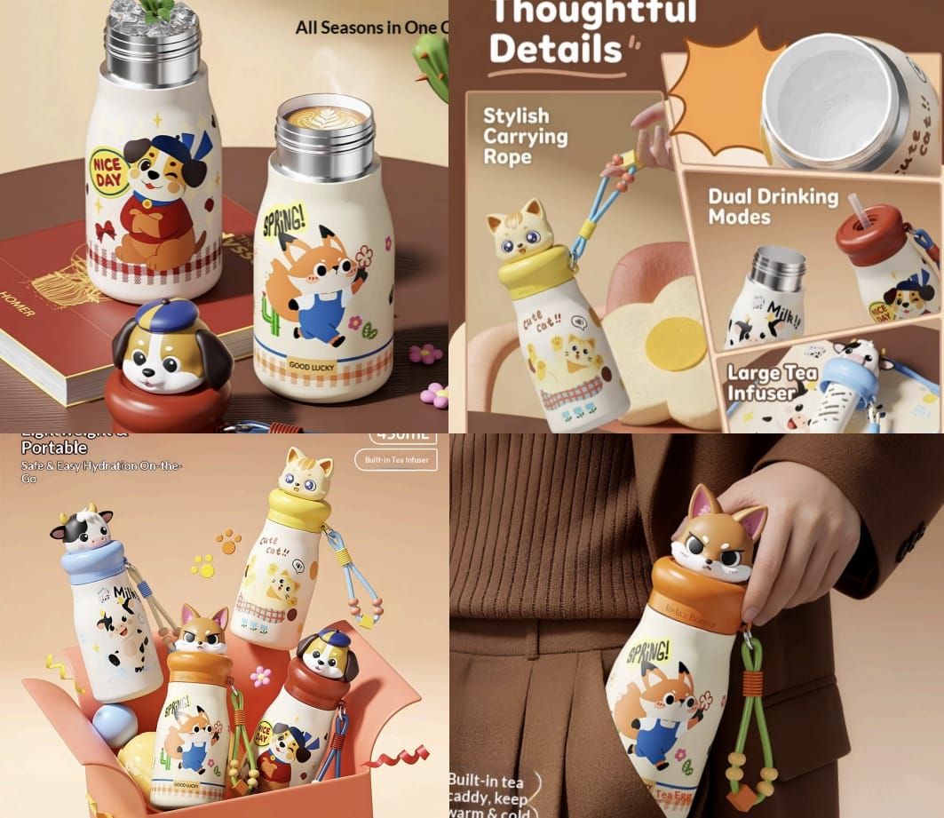 Cute Kawaii Stainless Steel Water Bottle with Tea Infuser | Animal Print Portable any random design with a steel Straw.