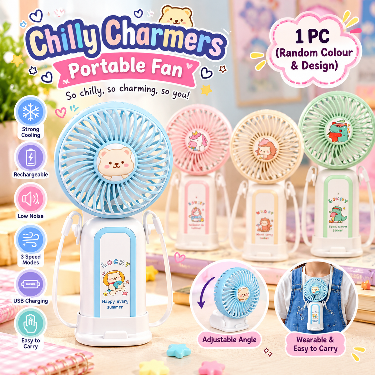 Chilly Charmers Rechargeable Portable Fan for Kids | Cute Kawaii Mini Fan, Random Colour & Design