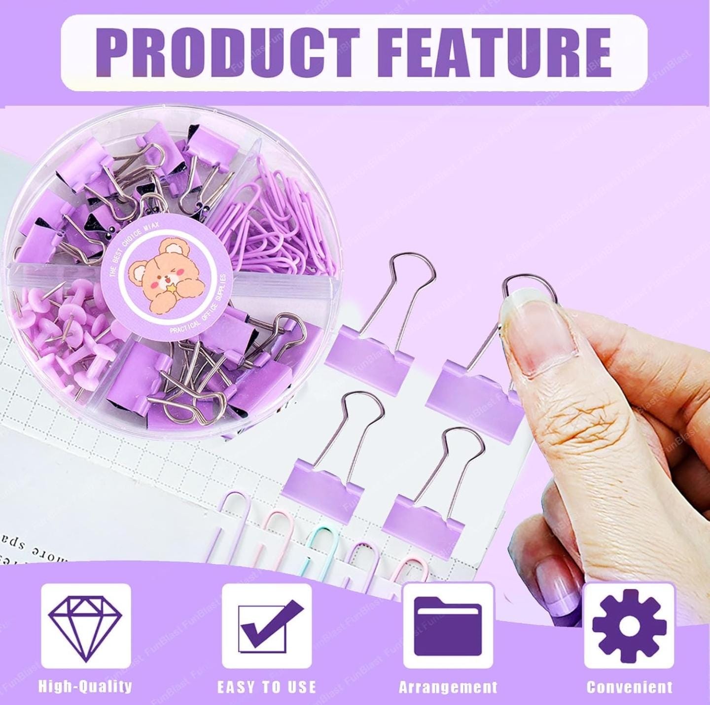 Binder Clips, Push Pins, Paper Clips Combo Set | Large & Small Stationery Kit for Office, School & Home Supplies (Purple)