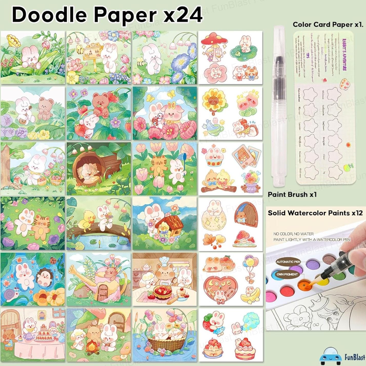 Watercolor Painting Book Set – DIY Graffiti Coloring Note-Book with Watercolor Gouache Brush, Creative Cartoon Coloring Book, Dip Water to Paint Painting Set for Kids, Boys, Girls, Childrens (Rabbit)