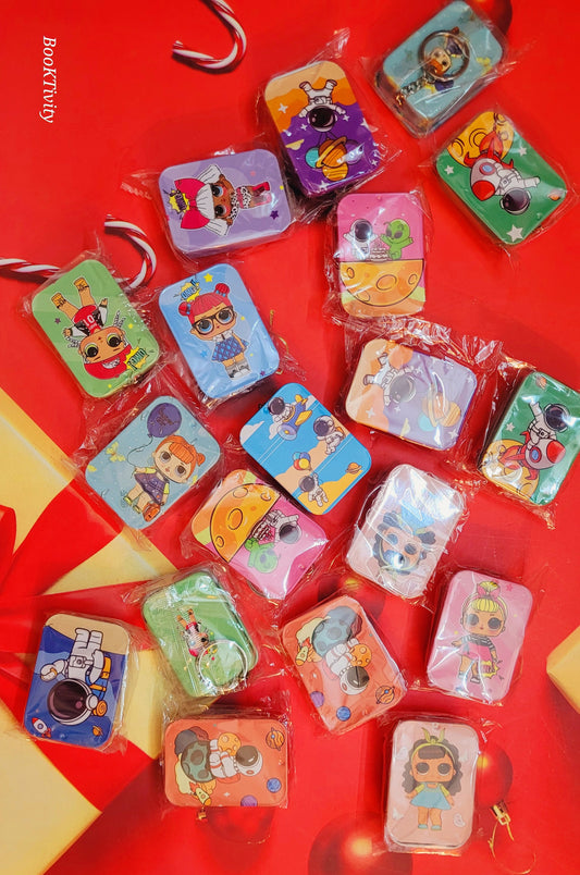 Mini Tin keychain boxes for kids. Good for return favours or carry your essentials. Random.