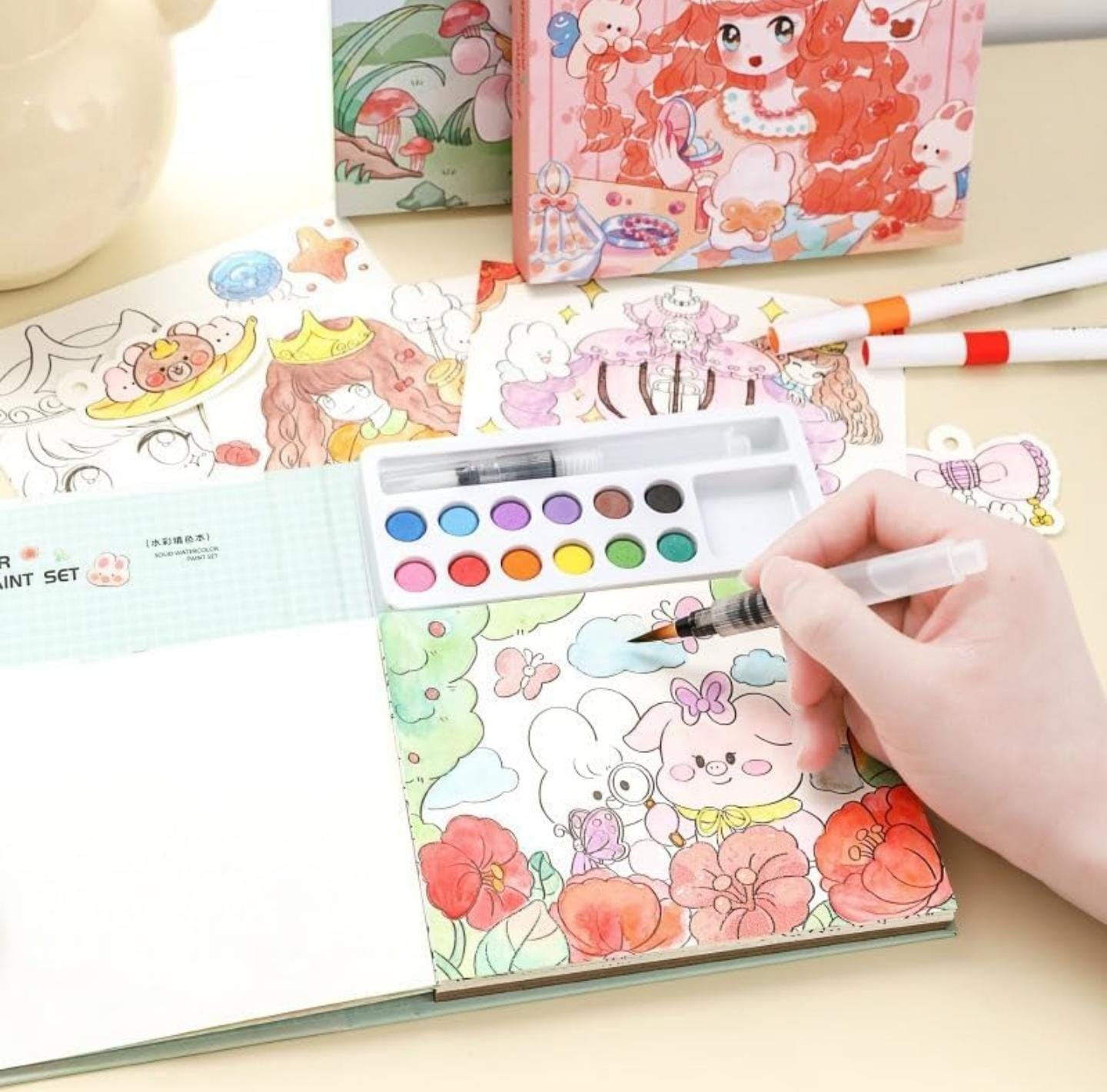 Watercolor Painting Book Set – DIY Graffiti Coloring Note-Book with Watercolor Gouache Brush, Creative Cartoon Coloring Book, Dip Water to Paint Painting Set for Kids, Boys, Girls, Childrens (Princess)