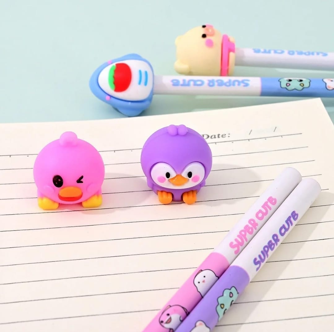12pc Super Cute HB Pencils with Toy Top Cartoon Erasers for Art Drawing Drafting Sketching Shading Cool Stationery Set For Birthday Return Gift for Kids, PINK. 6 pencil 6 eraser.