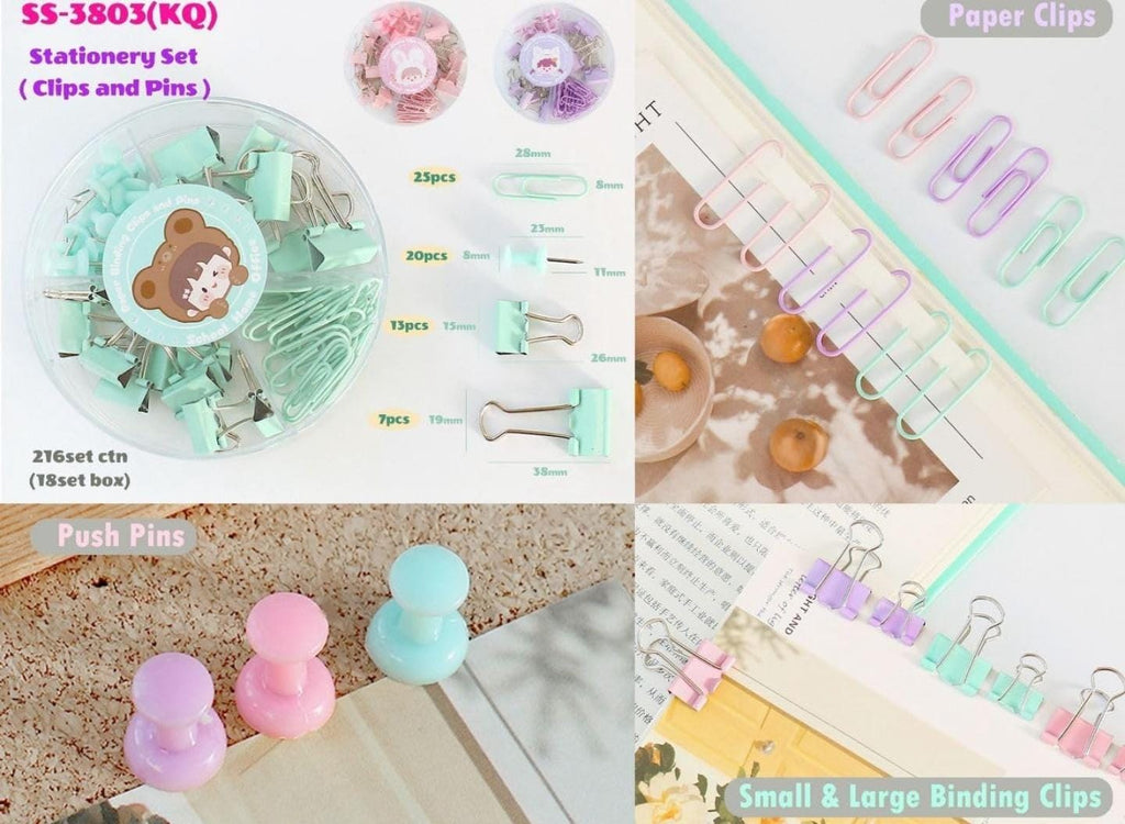 Binder Clips, Push Pins, Paper Clips Combo Set | Large & Small Stationery Kit for Office, School & Home Supplies (Purple)