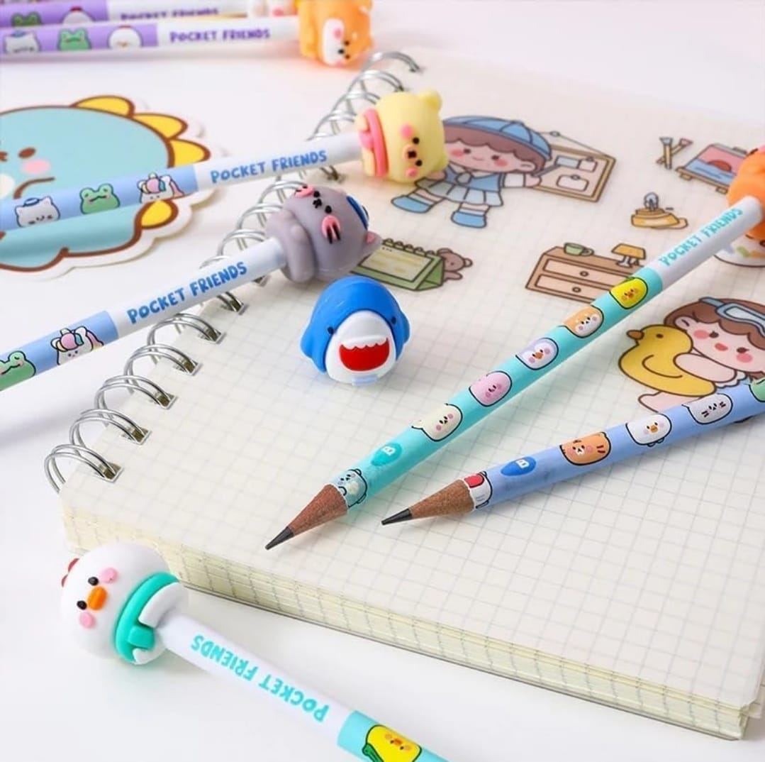 12pc Super Cute HB Pencils with Toy Top Cartoon Erasers for Art Drawing Drafting Sketching Shading Cool Stationery Set For Birthday Return Gift for Kids, PINK. 6 pencil 6 eraser.