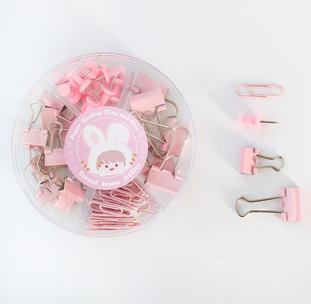 Binder Clips, Push Pins, Paper Clips Combo Set | Large & Small Stationery Kit for Office, School & Home Supplies (Pink)