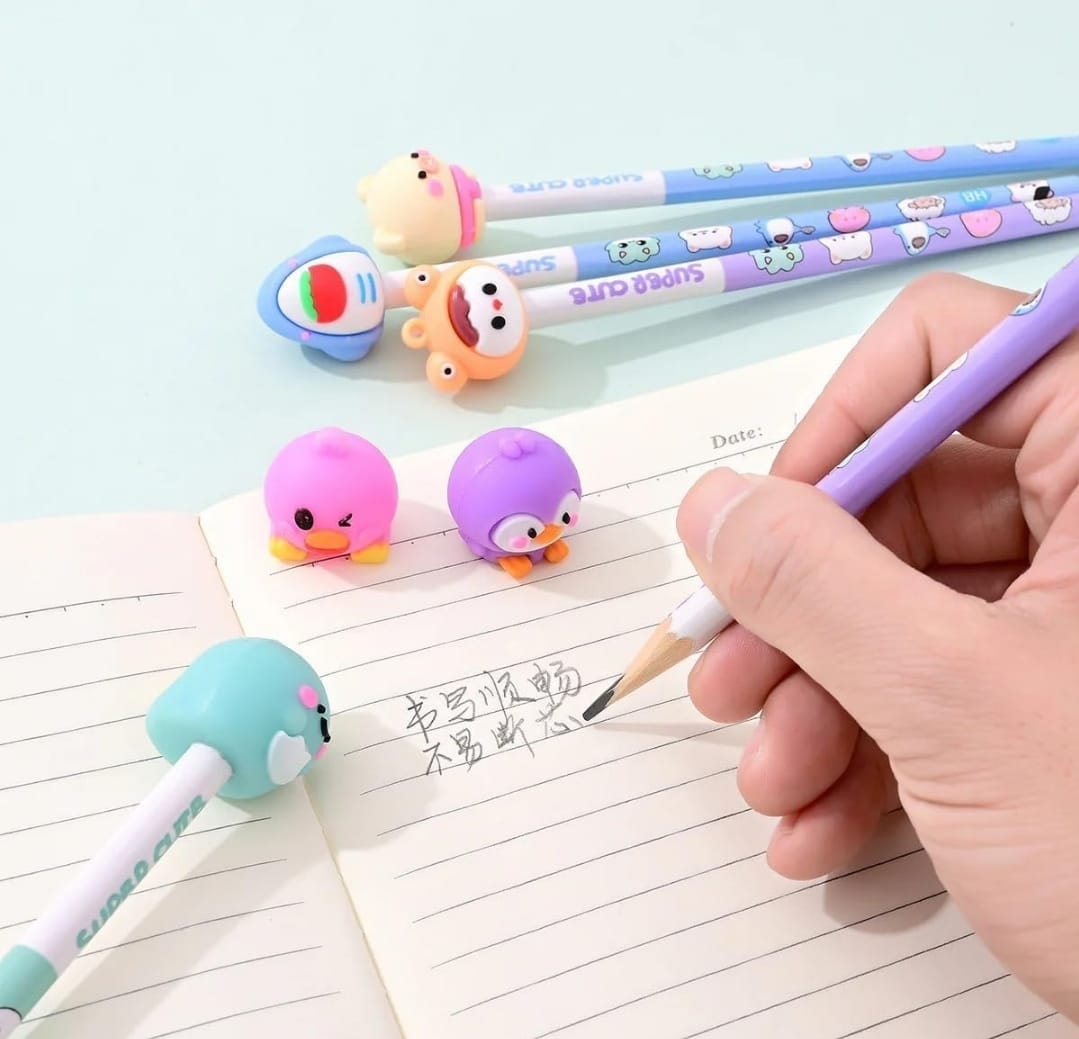 12pc Super Cute HB Pencils with Toy Top Cartoon Erasers for Art Drawing Drafting Sketching Shading Cool Stationery Set For Birthday Return Gift for Kids, PINK. 6 pencil 6 eraser.