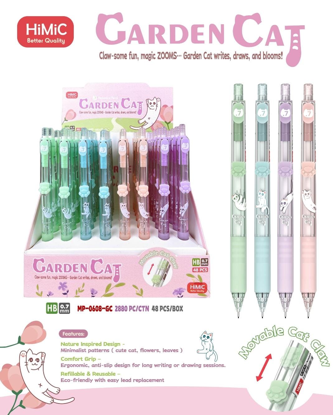 Garden Cat mechanical pencil pastel colour body dark ink. 4pc.